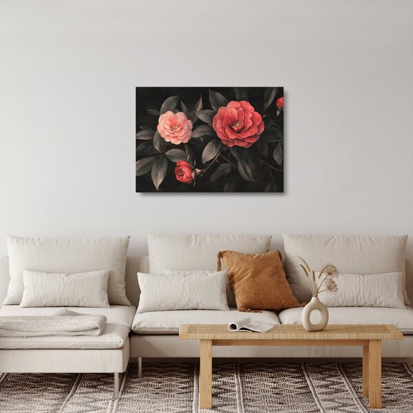 Üveg kép - Vörös virágok sötét háttér előtt (70x50 cm)