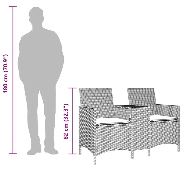 2 személyes fekete polyrattan kerti kanapé asztallal / párnával
