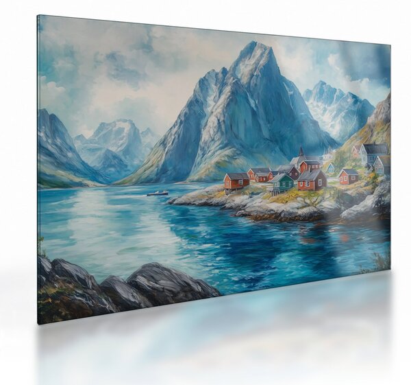 Üveg kép - Norvég falu (70x50 cm)