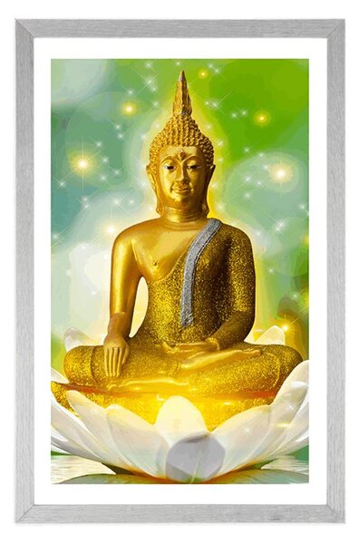 Poszter paszportuval arany Buddha lótusz virágon