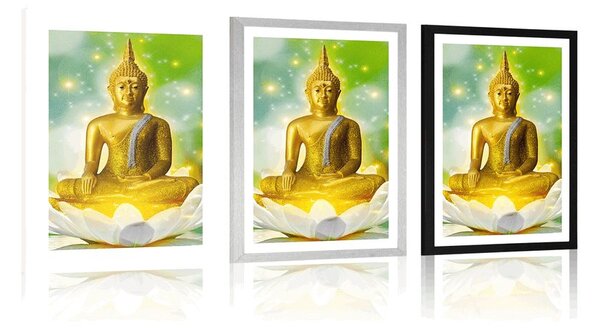 Poszter paszportuval arany Buddha lótusz virágon