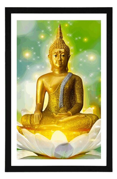 Poszter paszportuval arany Buddha lótusz virágon