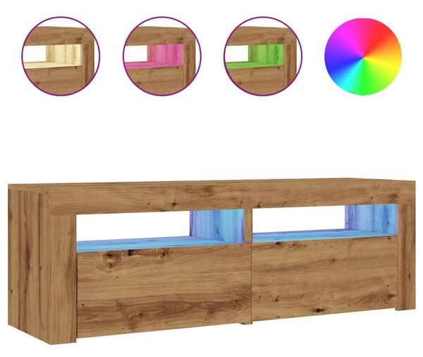 Kézműves tölgy szerelt fa TV-szekrény LED-ekkel 120x35x40 cm