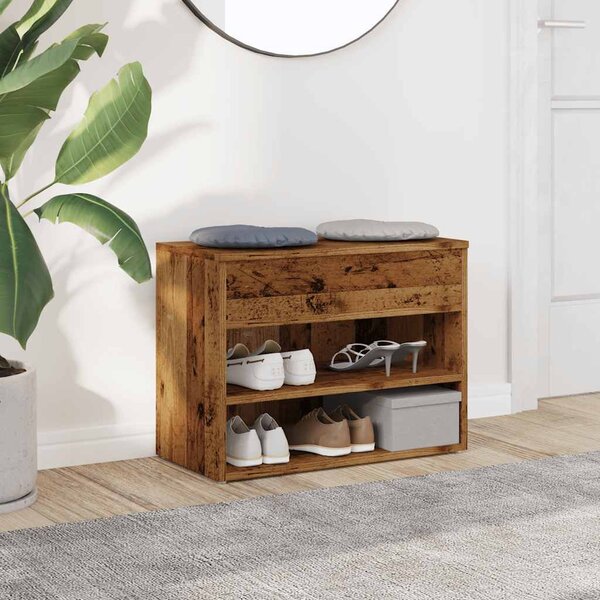 Antik fa színű szerelt fa cipőtároló pad 60 x 30 x 45 cm