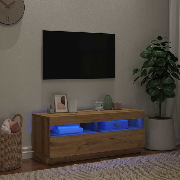 Kézműves tölgy szerelt fa TV-szekrény LED-ekkel 100x35x40 cm