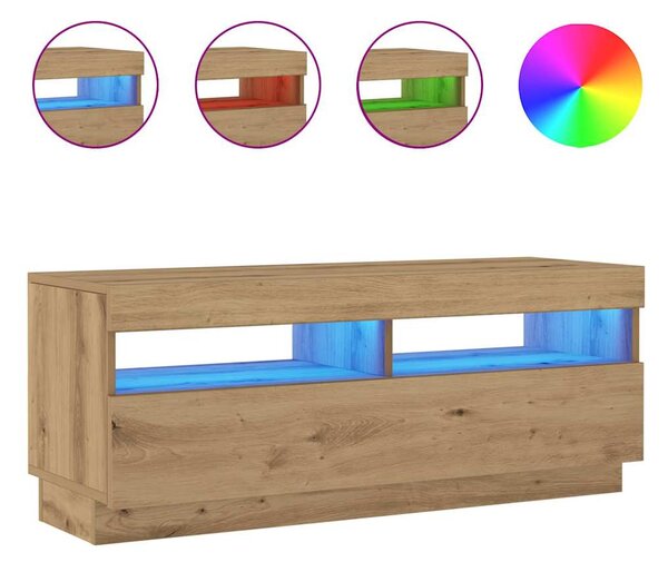 Kézműves tölgy szerelt fa TV-szekrény LED-ekkel 100x35x40 cm
