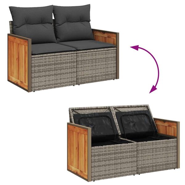 6 részes szürke polyrattan akácfa kerti ülőgarnitúra párnákkal