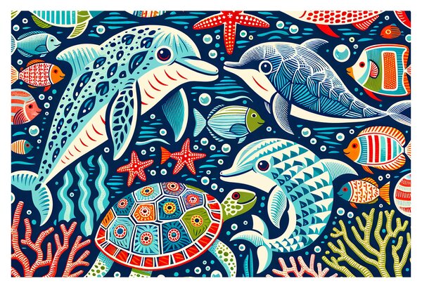 Kép – Rajzolt vízi állatok (90x60 cm)