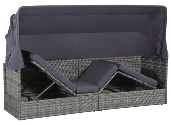 Szürke polyrattan napellenzős kerti ágy 205 x 62 cm