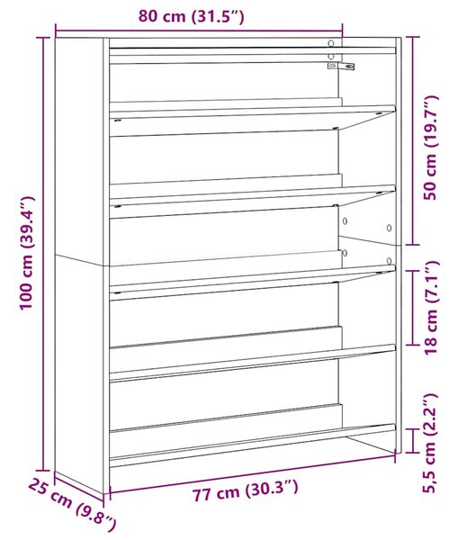 Füstös tölgy színű szerelt fa cipőtartó 80x25x100 cm