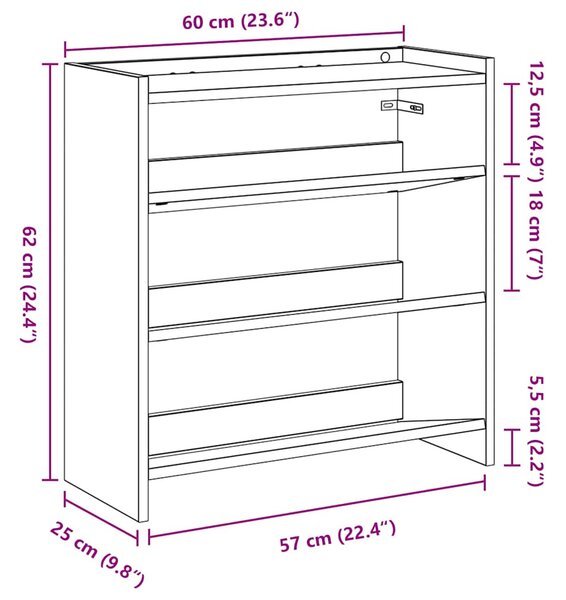Füstös tölgy színű szerelt fa cipőtartó 60x25x62 cm