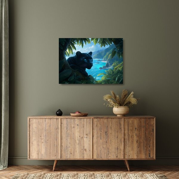 Üveg kép - Fekete párduc a dzsungelben (70x50 cm)