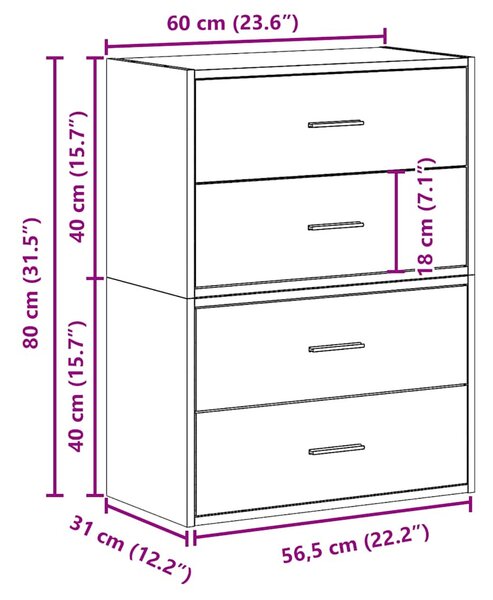 Szekrények 2 fiókkal 2 db betonszürke 60x31x40 cm gépelt fa