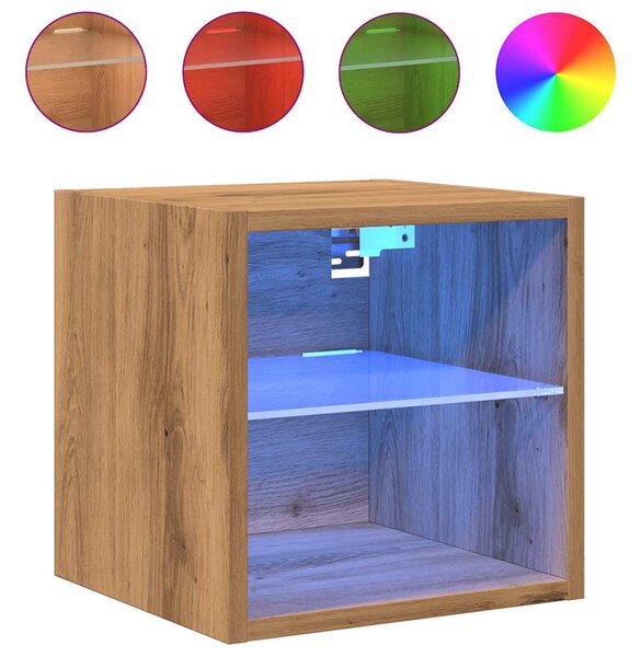 Kézműves tölgy színű fali TV-szekrény LED-ekkel 30x28,5x30 cm