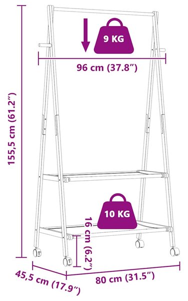 Bambusz ruhaállvány polcokkal és kerekekkel 96x45,5x155,5 cm