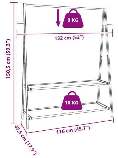 Bambusz ruhaállvány polcokkal 132 x 45,5 x 150,5 cm