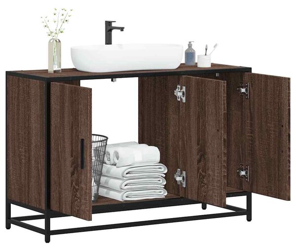 Barna tölgy szerelt fa fürdőszobai mosdószekrény 90x33x60 cm