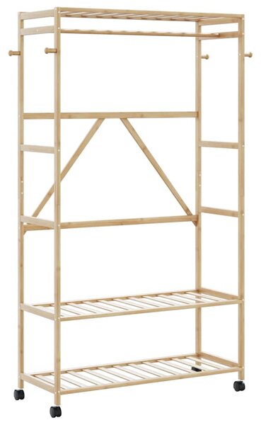Bambusz ruhaállvány polcokkal és kerekekkel 110x40x180 cm
