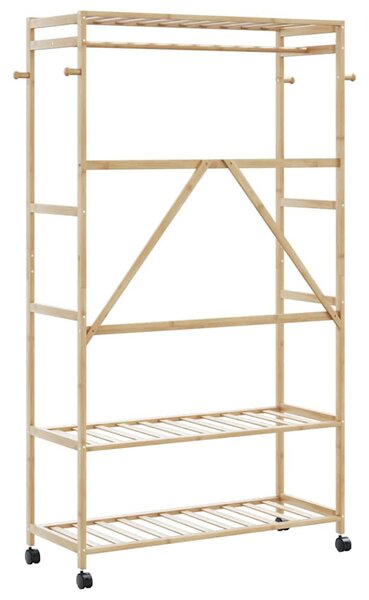 Bambusz ruhaállvány polcokkal és kerekekkel 110x40x180 cm