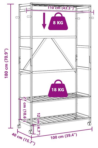 Bambusz ruhaállvány polcokkal és kerekekkel 110x40x180 cm