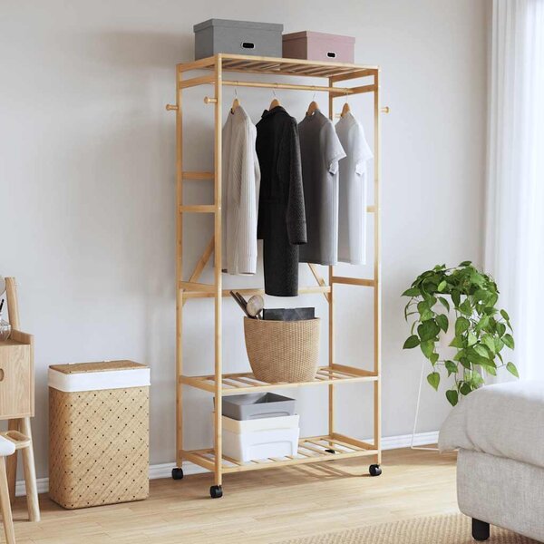 Bambusz ruhaállvány polcokkal és kerekekkel 90x40x179,5 cm