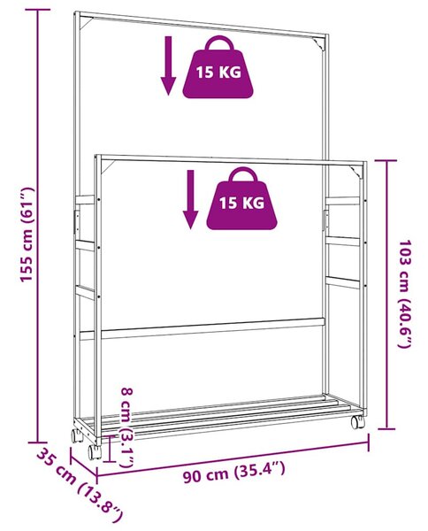 Bambusz ruhaállvány polcokkal és kerekekkel 90x35x155 cm