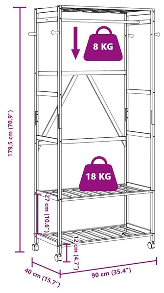 Bambusz ruhaállvány polcokkal és kerekekkel 90x40x179,5 cm