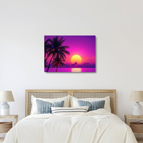 Üveg kép - Lila naplemente pálmafával (70x50 cm)