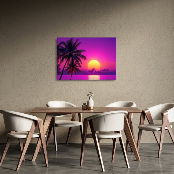 Üveg kép - Lila naplemente pálmafával (70x50 cm)