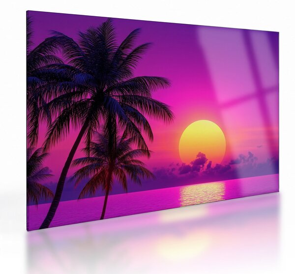 Üveg kép - Lila naplemente pálmafával (70x50 cm)