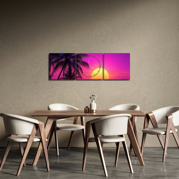 Kép - Lila naplemente pálmafával (órával) (90x30 cm)