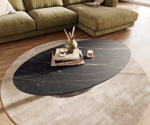 DELIFE Dohányzóasztal Edge ovális 140x80 cm Laminam® kerámia Noir Desir barna Vibany szálcsiszolt rozsdamentes acél