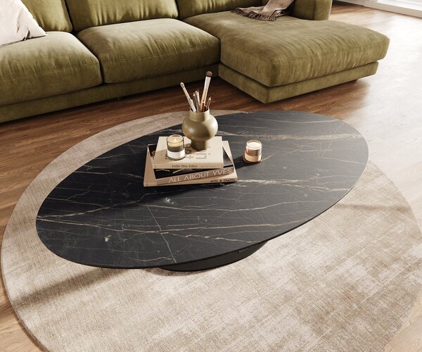 DELIFE Dohányzóasztal Edge ovális 140x80 cm Laminam® kerámia Noir Desir barna Vibany fém fekete