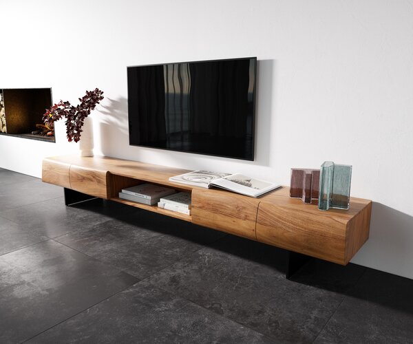 DELIFE TV szekrény New Live-Edge 240 cm akác természetes 4 ajtós 1 rekeszes lebegő fém fekete láb
