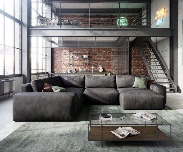 DELIFE "U alakú kanapé Lanzo 300x210 cm bőr imitáció vintage antracit rekamié változtatható"