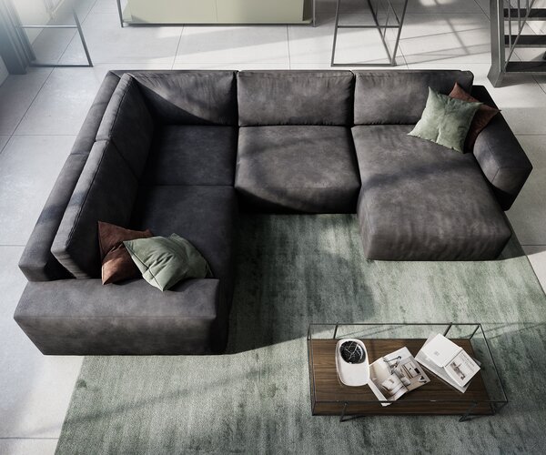 DELIFE "U alakú kanapé Lanzo 300x210 cm bőr imitáció vintage antracit rekamié változtatható"