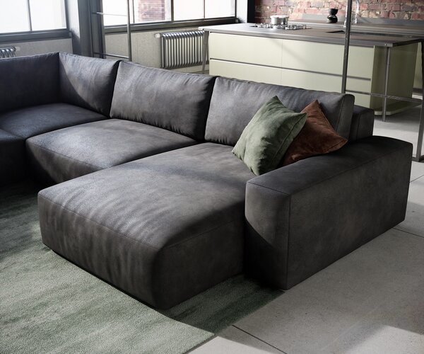 DELIFE "U alakú kanapé Lanzo 300x210 cm bőr imitáció vintage antracit rekamié változtatható"