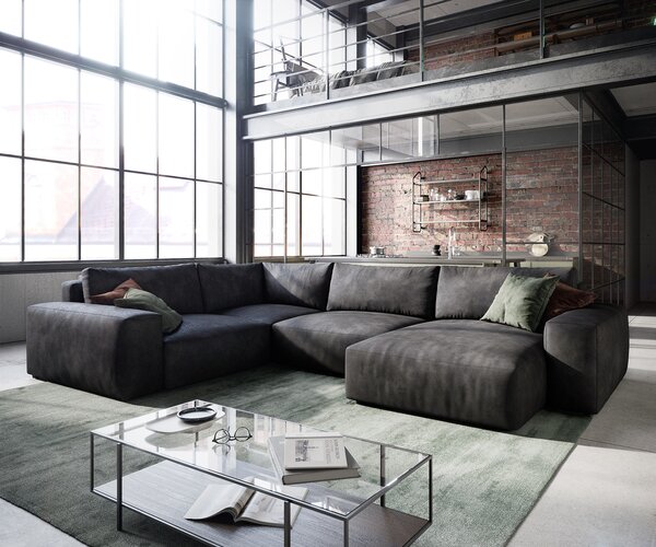 DELIFE "U alakú kanapé Lanzo 300x210 cm bőr imitáció vintage antracit rekamié változtatható"