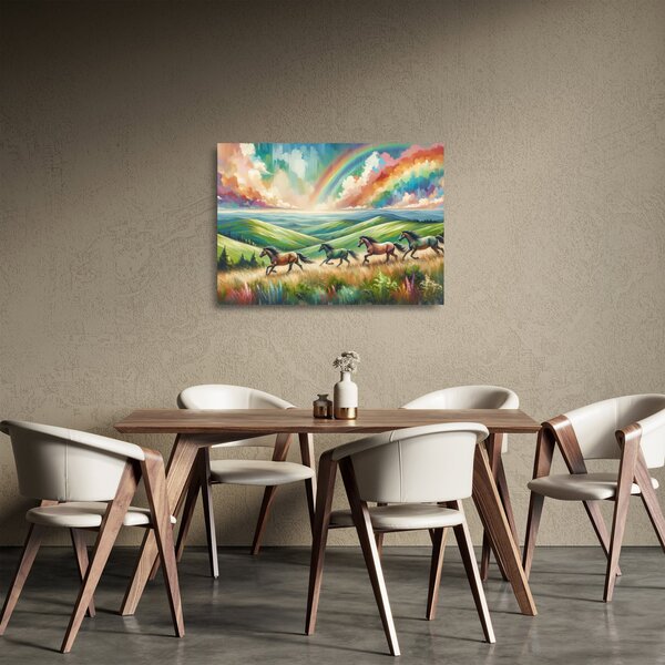 Üveg kép – Vágtázó lovak a tájban (70x50 cm)