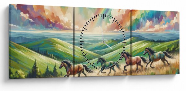 Kép – Vágtázó lovak a tájban (órával) (90x30 cm)