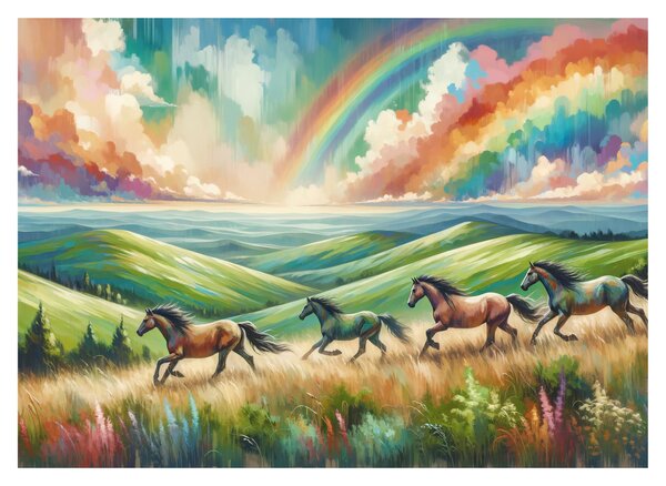 Üveg kép – Vágtázó lovak a tájban (70x50 cm)
