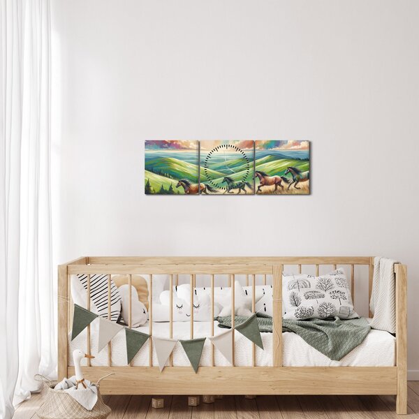 Kép – Vágtázó lovak a tájban (órával) (90x30 cm)