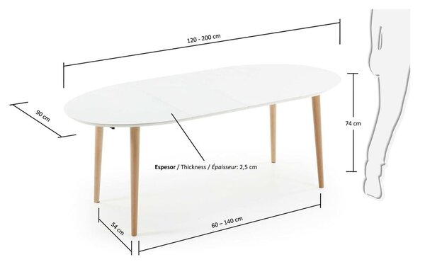 Fehér bővíthető étkezőasztal fehér asztallappal 90x120 cm Oqui – Kave Home