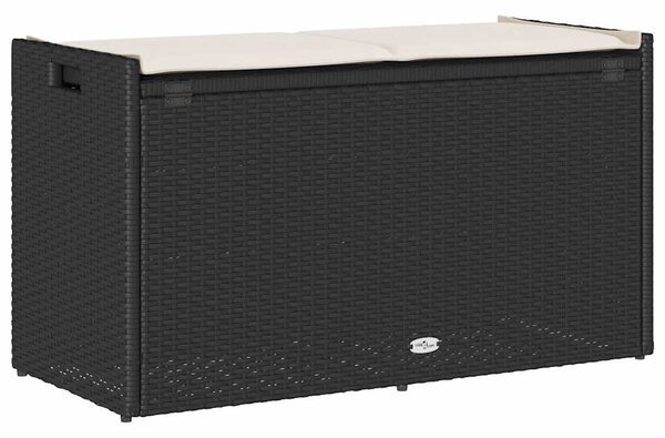 Fekete polyrattan kültéri tárolópad párnával 100 cm