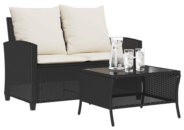 2 személyes fekete polyrattan kerti kanapé asztallal&párnával