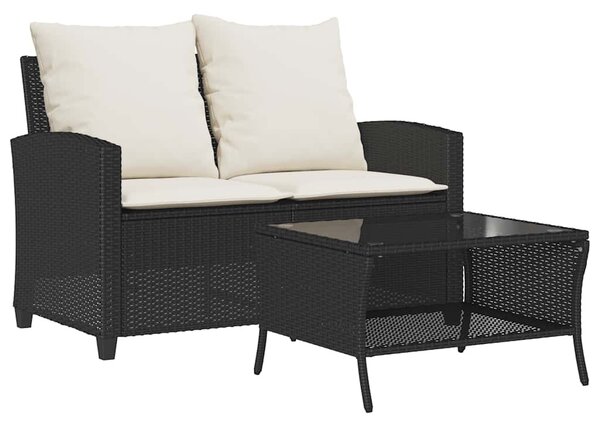 2 személyes fekete polyrattan kerti kanapé asztallal&párnával