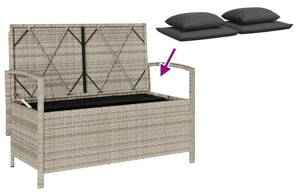 Világosszürke polyrattan kerti tárolópad párnával