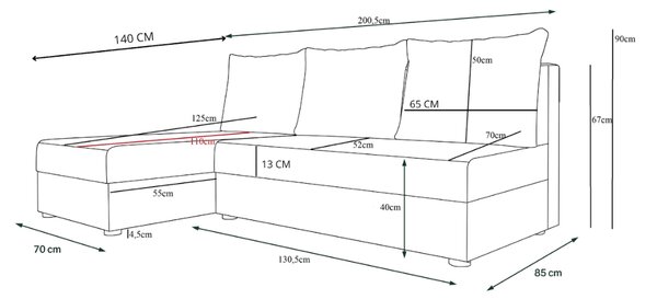 Ágyazható, kétoldalas L alakú kanapé VALERIO SLIM 200x140 cm, sötétszürke színű + 2 db díszpárna INGYEN
