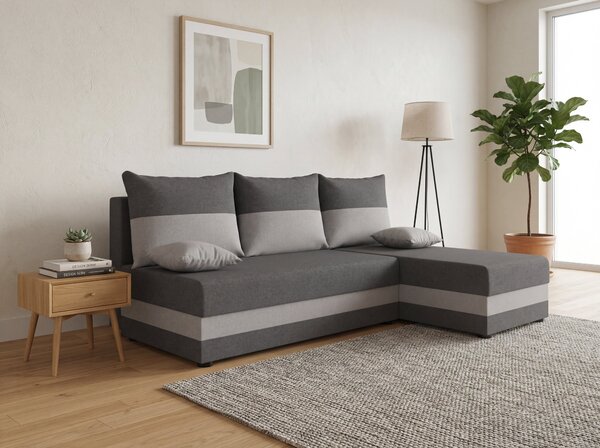 Ágyazható, kétoldalas L alakú kanapé VALERIO SLIM 200x140 cm, sötétszürke/világosszürke színű + 2 db díszpárna INGYEN