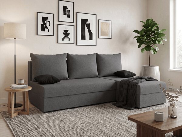 Ágyazható, kétoldalas L alakú kanapé VALERIO SLIM 200x140 cm, sötétszürke színű + 2 db díszpárna INGYEN